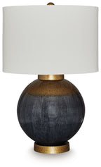 Blue textured metal table lamp with white fabric shade and gold base ring