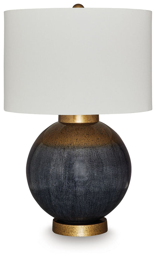 Blue textured metal table lamp with white fabric shade and gold base ring