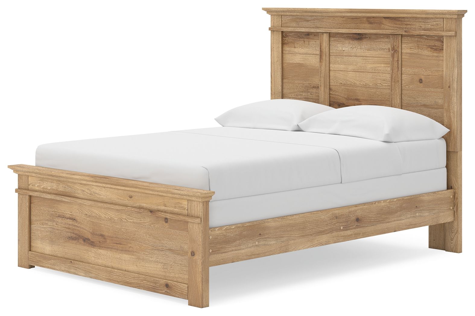 Light brown panel bed with tall headboard and low footboard, white mattress and pillows.