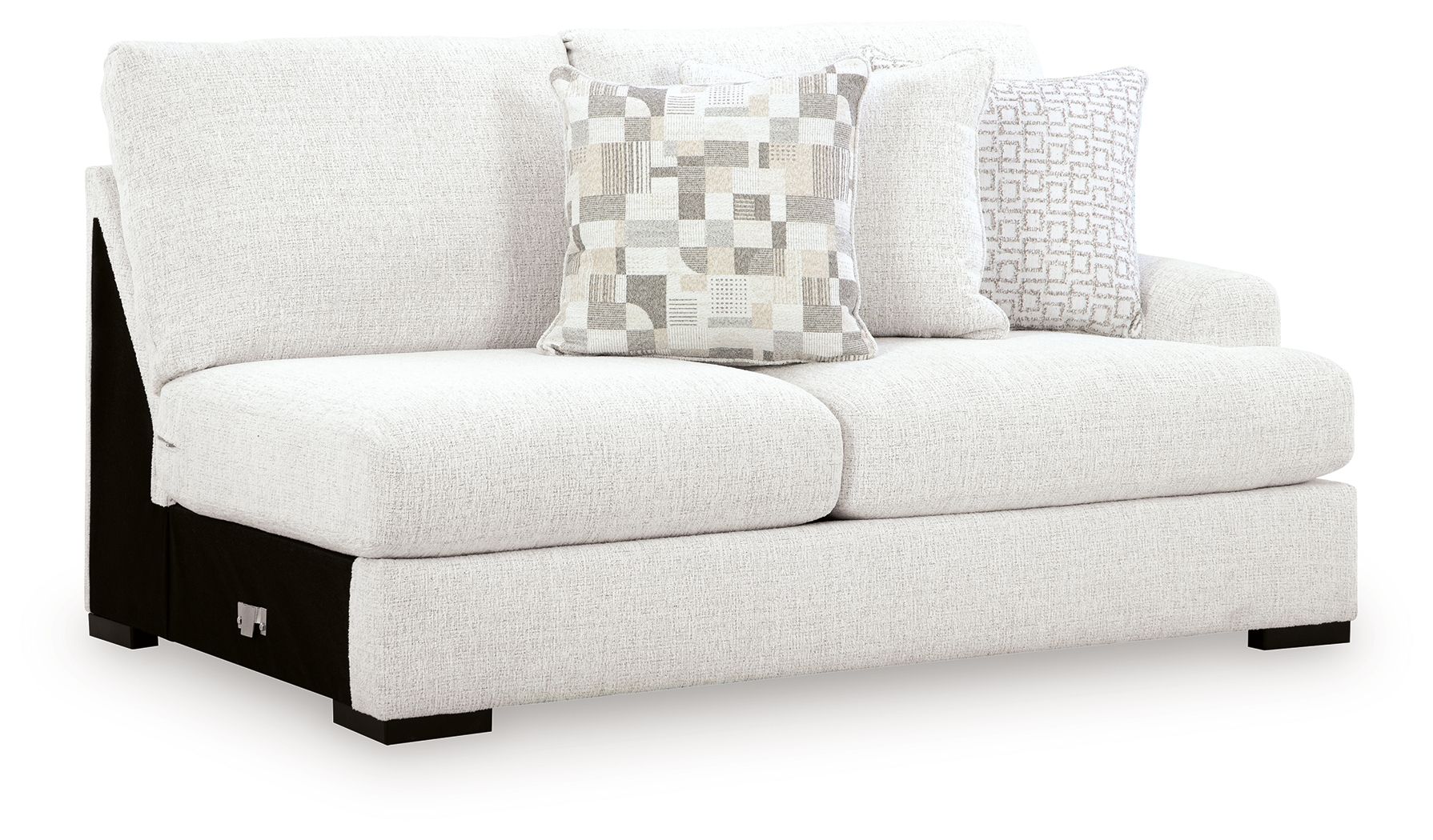 Chalk loveseat with three throw pillows and dark feet