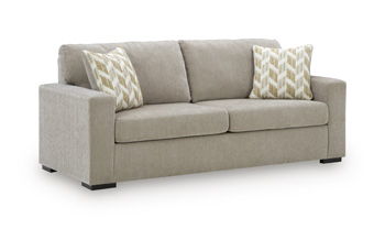 Bridgepoint light brown sofa with two back cushions and two patterned throw pillows