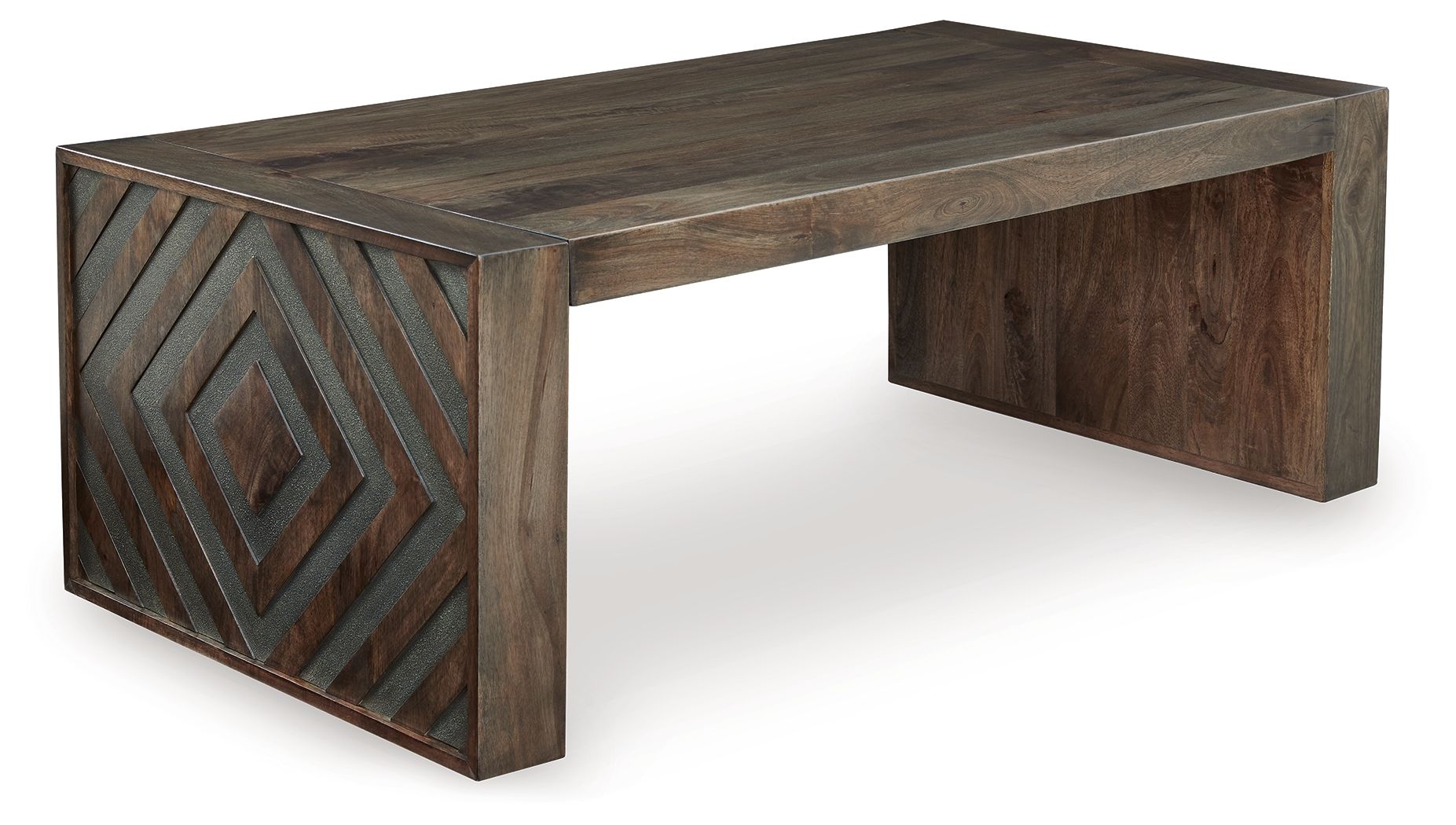 Dreggan rectangular cocktail table, brown finish with diagonal chevron side inlay