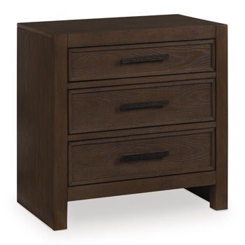 Brown three-drawer night stand with three wood drawers and dark metal bar pulls