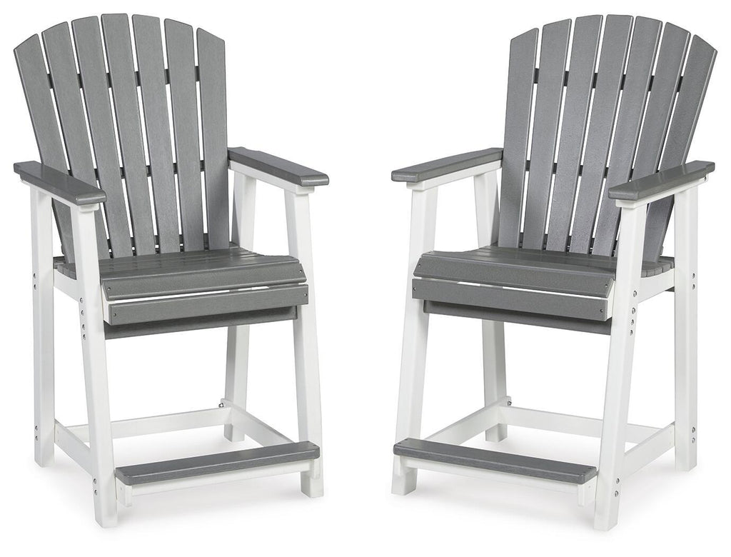 Set of 2 gray slat-back barstools with armrests, gray seat, white frame