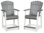 Set of 2 gray slat-back barstools with armrests, gray seat, white frame