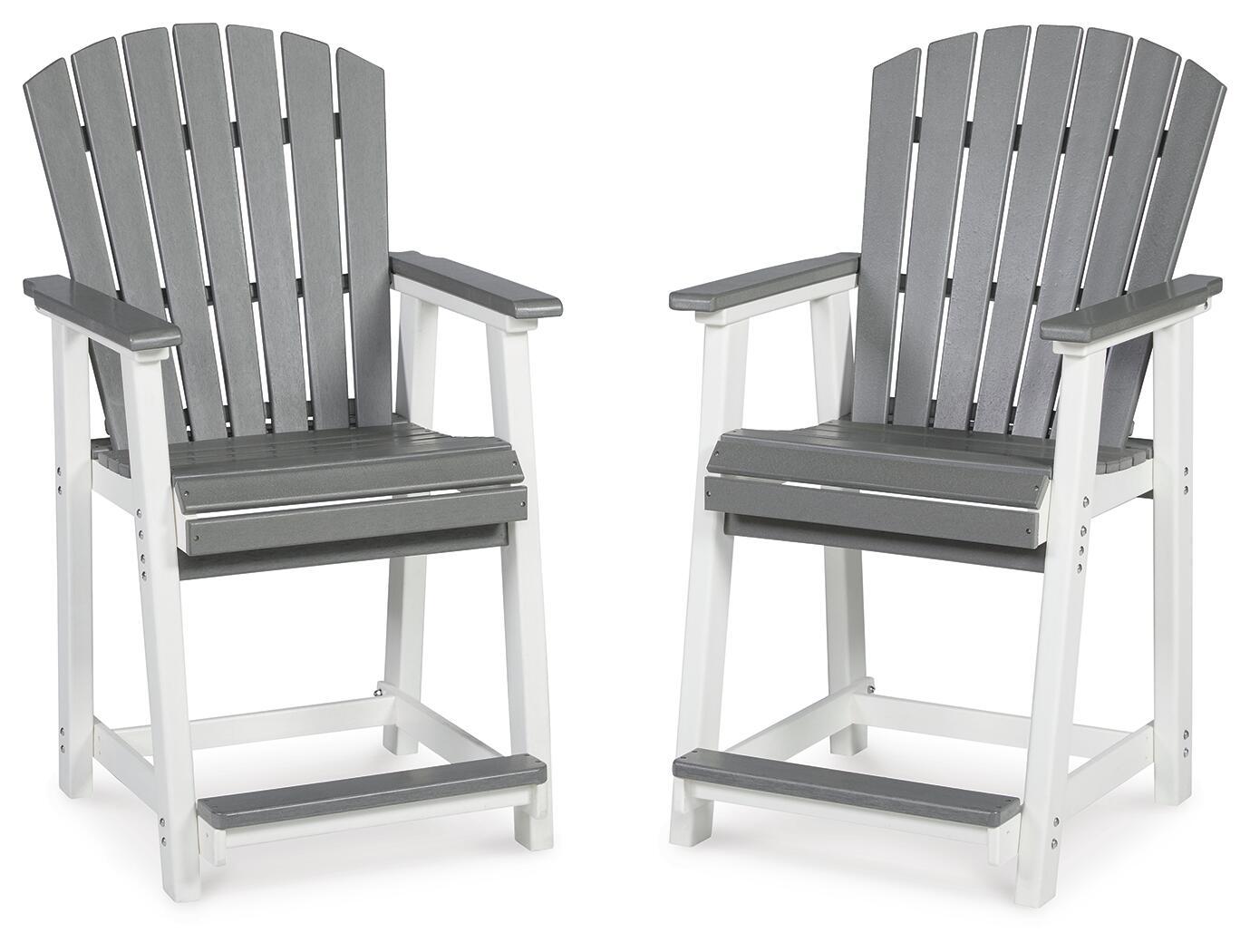 Set of 2 gray slat-back barstools with armrests, gray seat, white frame