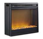 Black faux fireplace insert with flame-style ember bed and front control panel