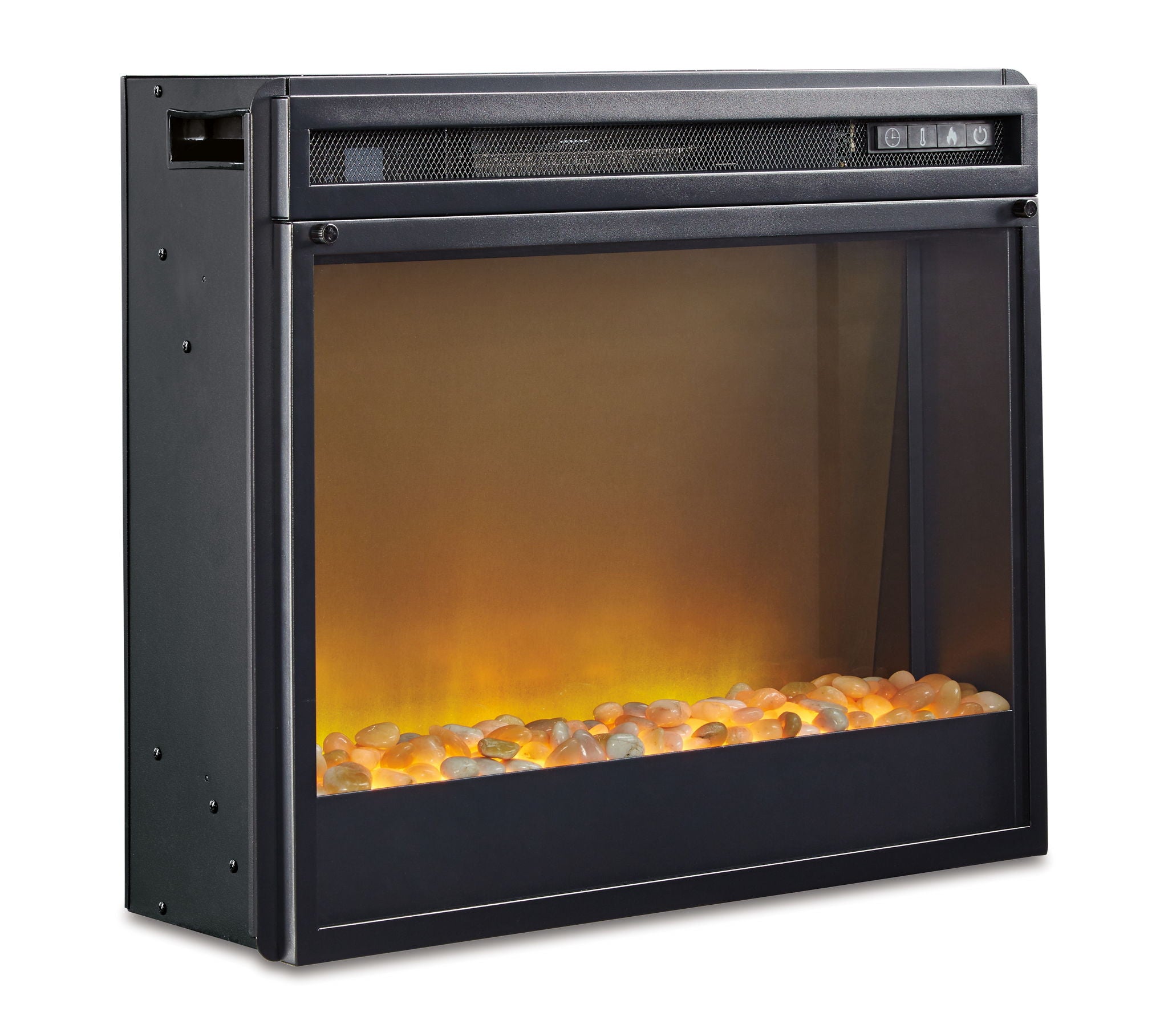 Black faux fireplace insert with flame-style ember bed and front control panel