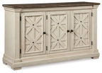 Beige dining room server with three paneled doors, X-carved details, and black hardware