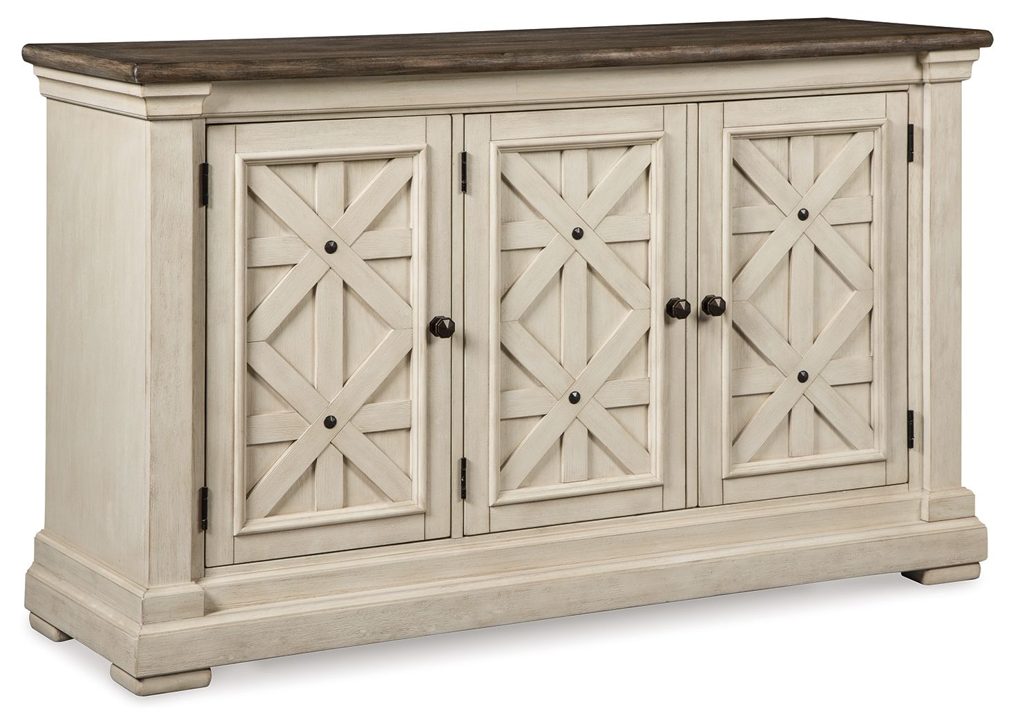 Beige dining room server with three paneled doors, X-carved details, and black hardware