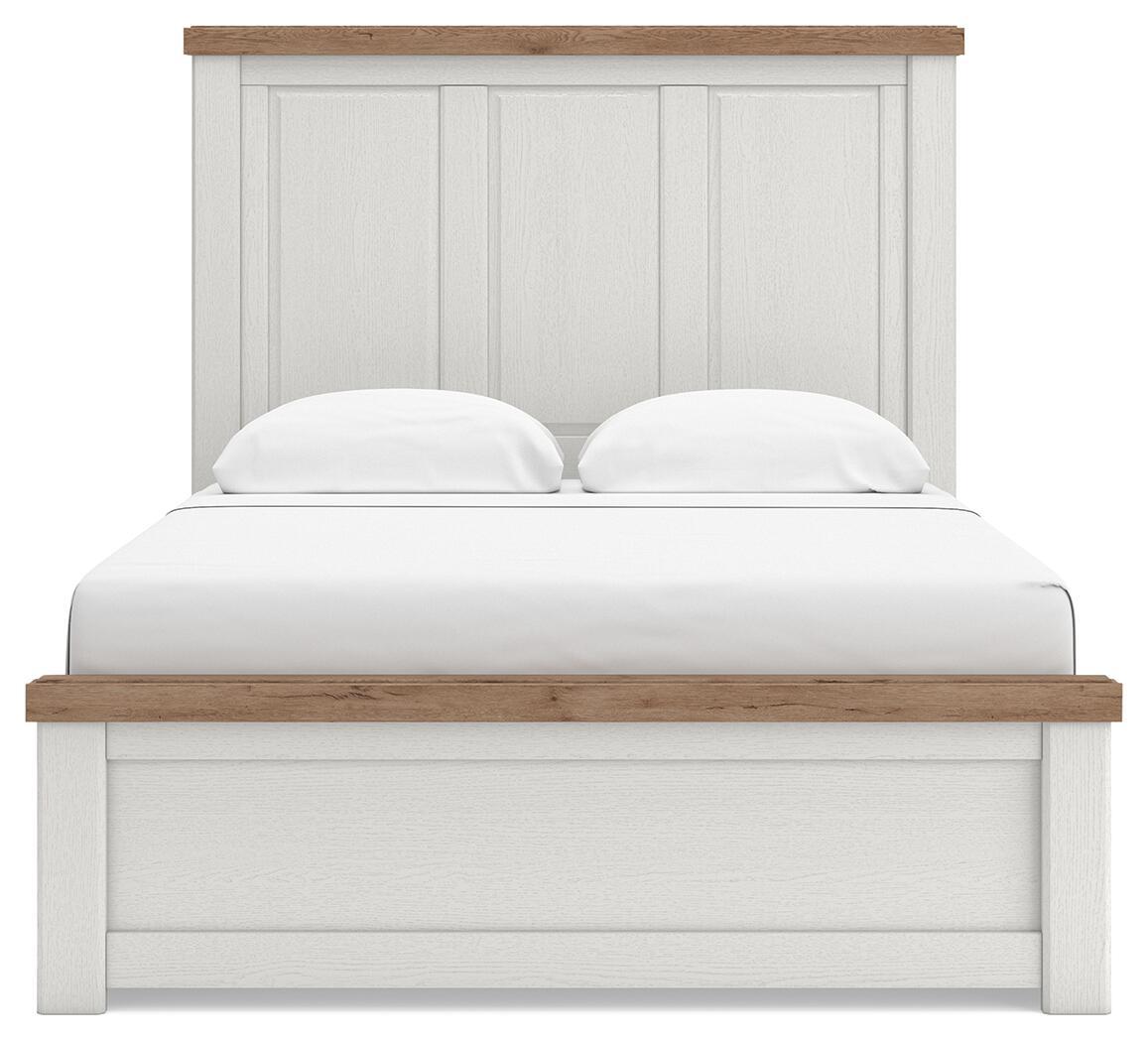 White panel bed frame with paneled headboard and light wood top rail