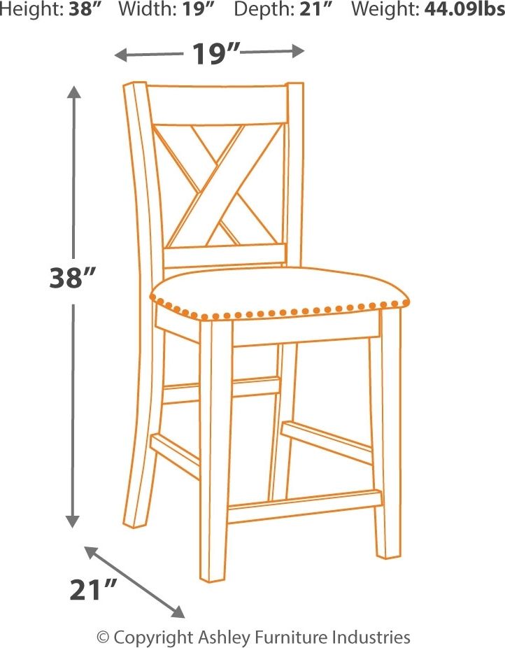 Gray barstool outline with height 38in, width 19in, depth 21in diagram