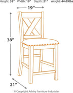 Gray barstool outline with height 38in, width 19in, depth 21in diagram