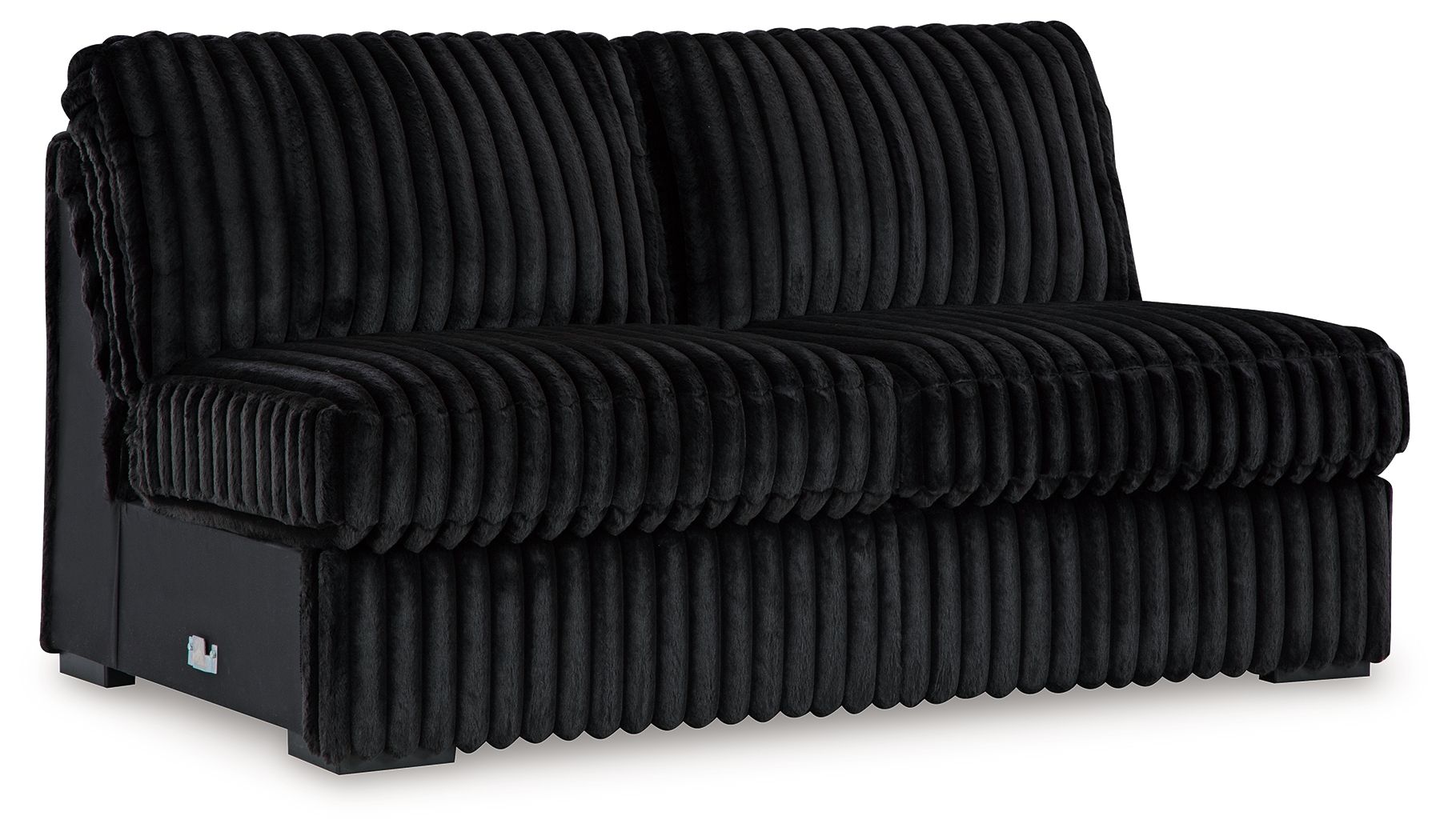 Onyx armless loveseat with ribbed upholstery, rounded seat, and black frame