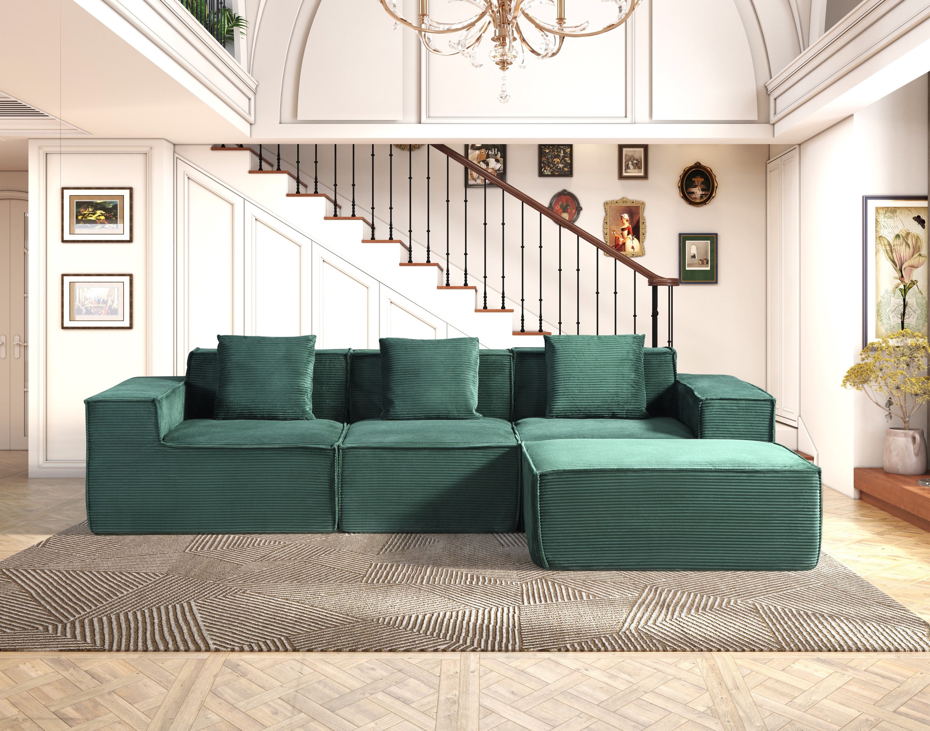 Dark Green Corduroy Sectional Sofa - Sleeper & Ottoman