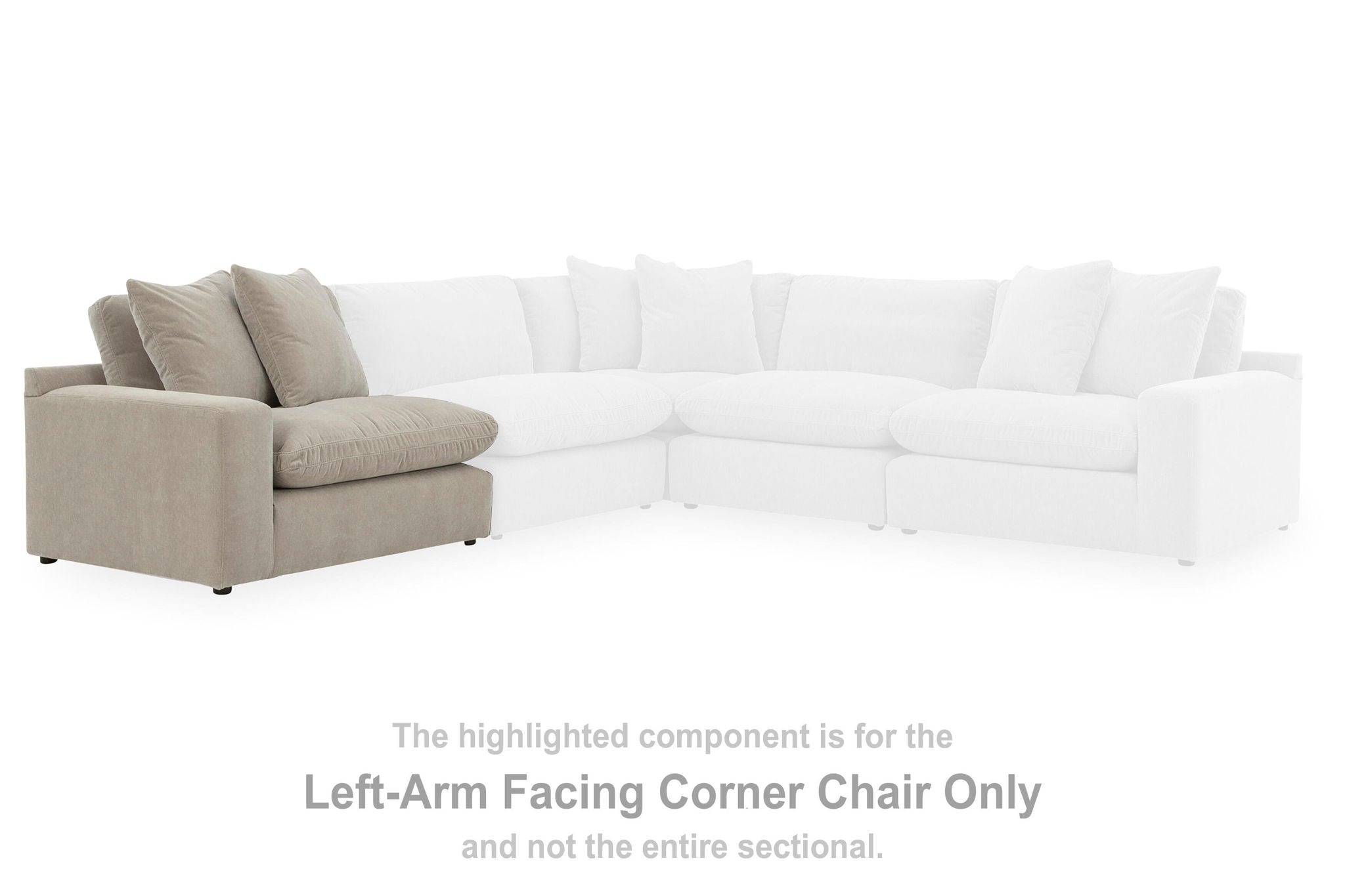 Sectional corner chair component, left-arm facing, upholstered in light beige