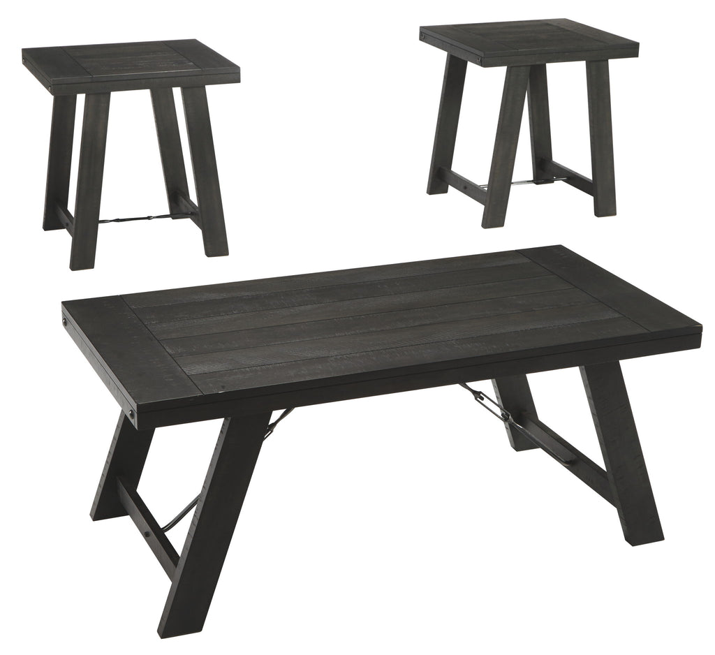 Occasional table set with three black square tables and angled legs, nesting design