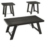Occasional table set with three black square tables and angled legs, nesting design