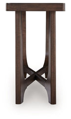 Dark brown rectangular cocktail table with arched underside and X-shaped support base