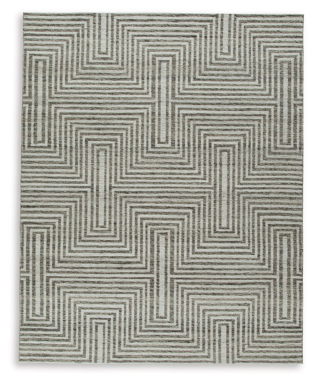 Gray geometric chevron rug with textured flat weave and repeating pattern