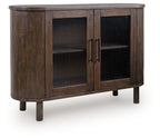 Medium brown accent cabinet with two ribbed glass doors and black handles