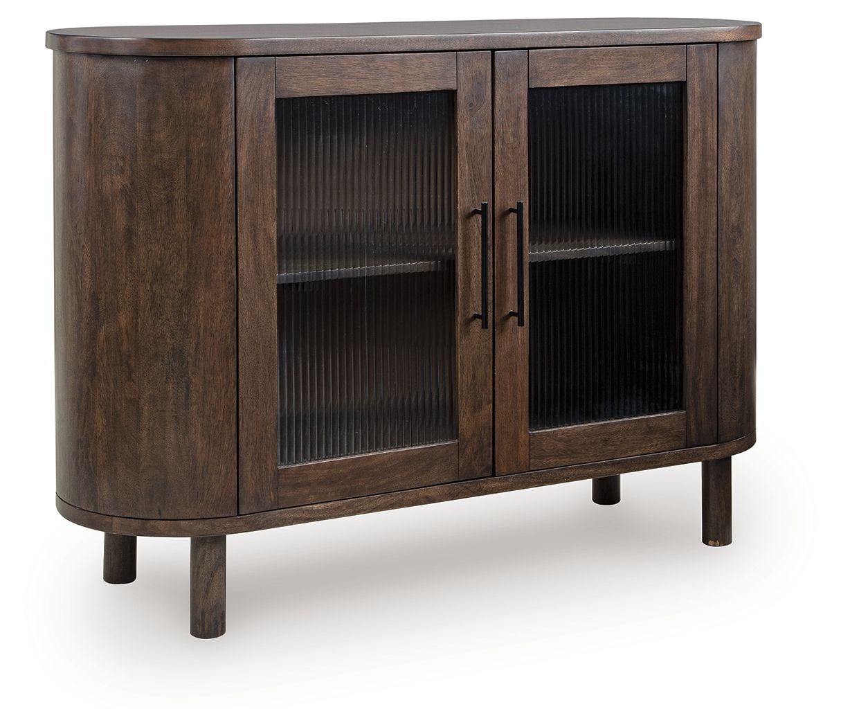 Medium brown accent cabinet with two ribbed glass doors and black handles