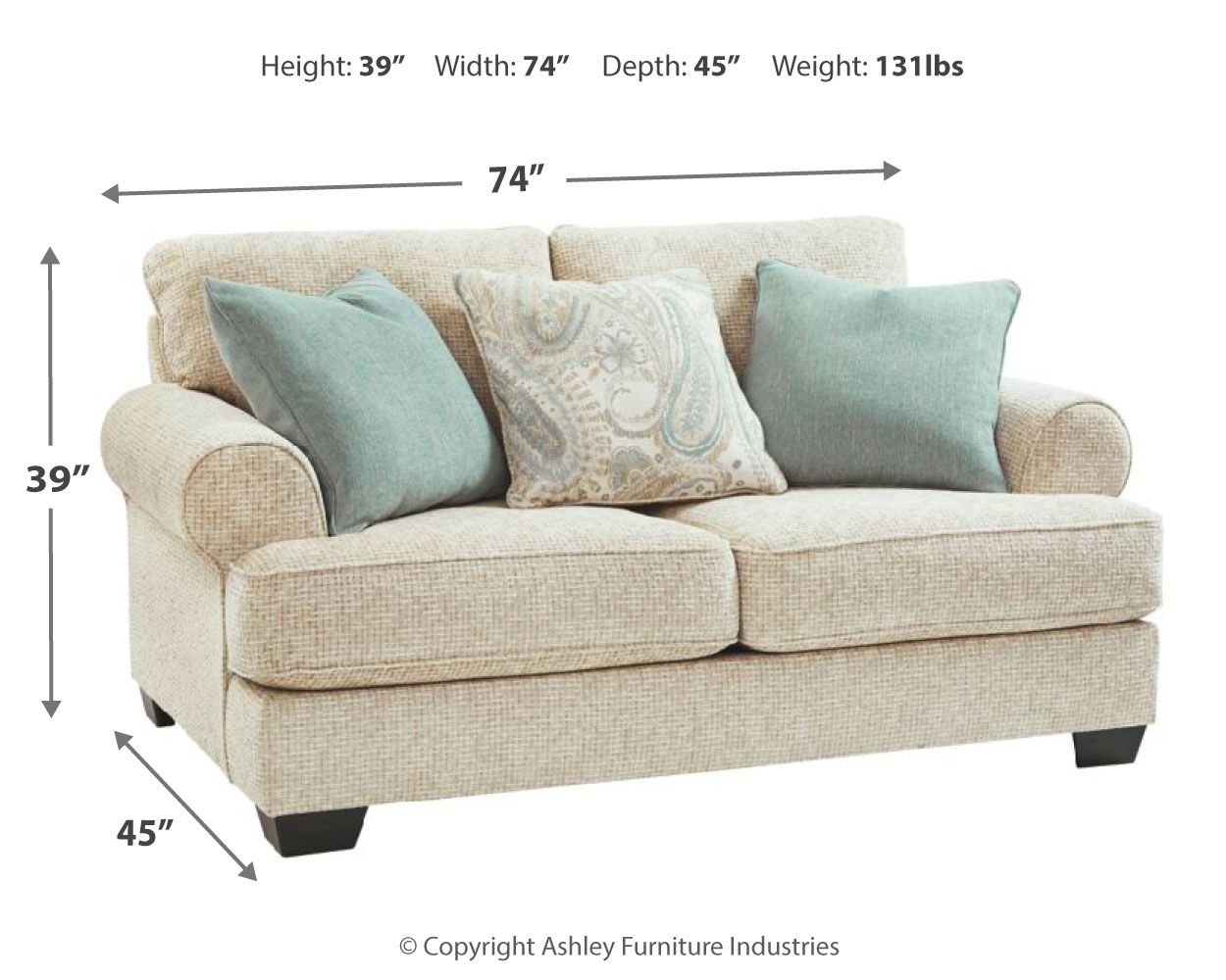 Sandstone loveseat with square arms, two teal accent pillows, and a patterned center cushion