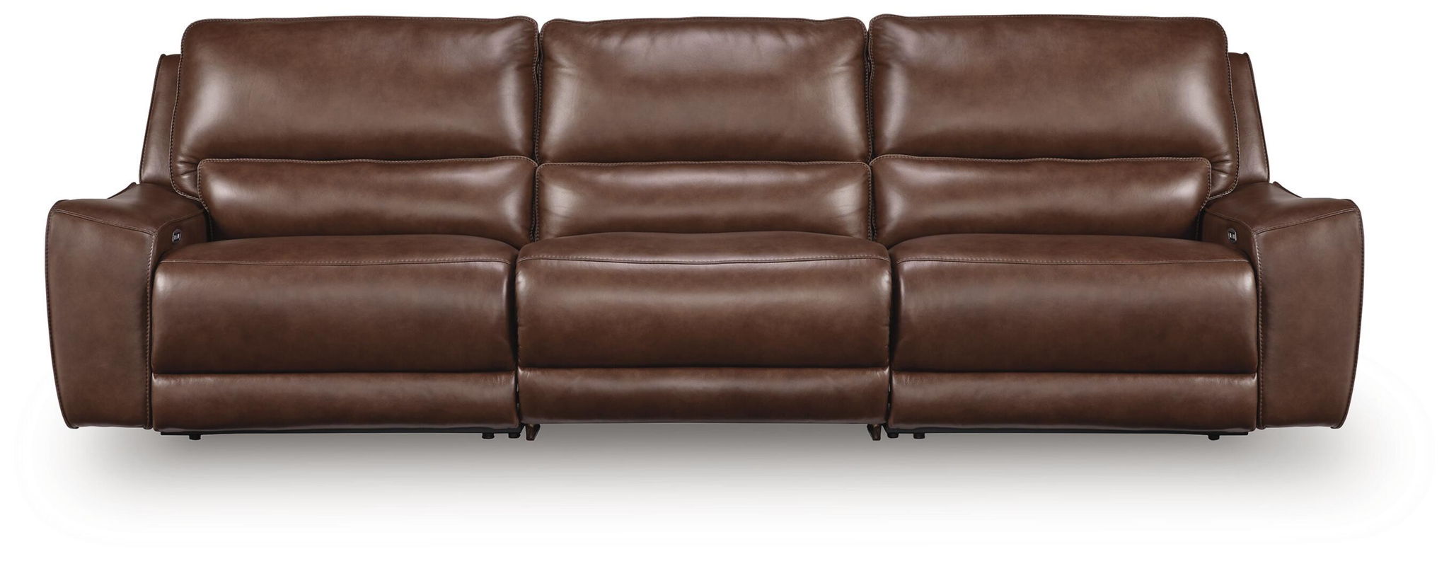 Power reclining sectional sofa in dark brown leather, three-seat front view