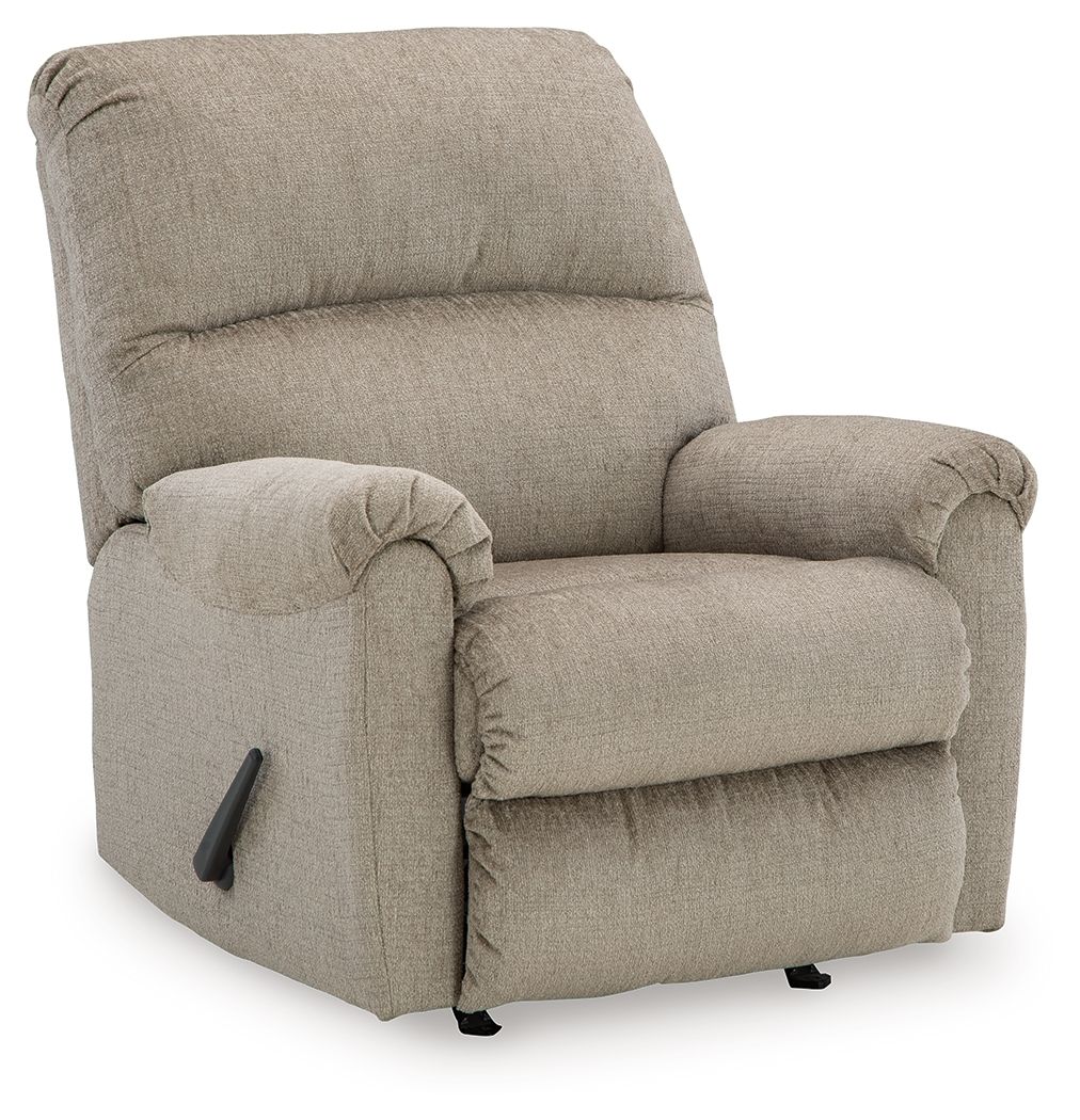 Taupe rocker recliner chair with side recline handle and padded arms