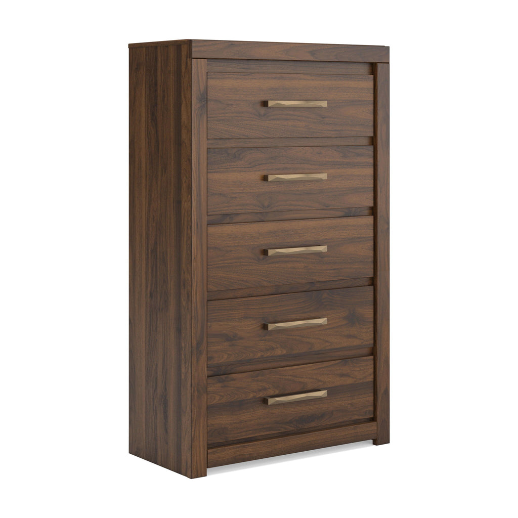 Dark brown wood five-drawer chest with horizontal pull handles and straight sides.