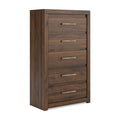 Dark brown wood five-drawer chest with horizontal pull handles and straight sides.