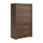 Dark brown wood five-drawer chest with horizontal pull handles and straight sides.