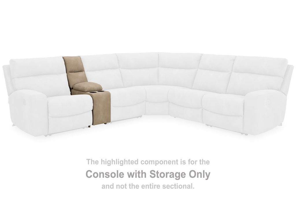 Tan console with storage component highlighted within a white sectional sofa