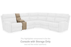 Tan console with storage component highlighted within a white sectional sofa