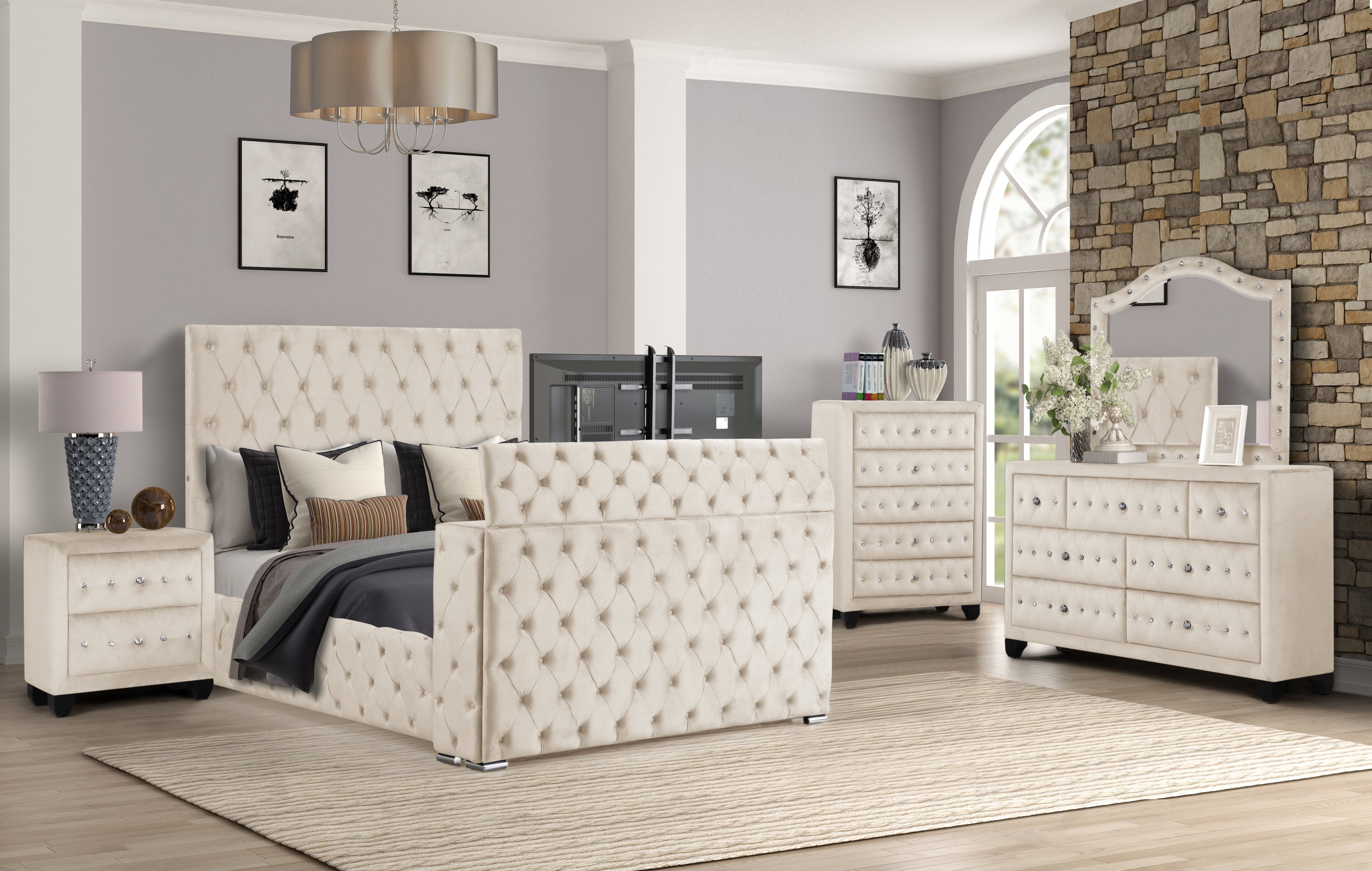 Encore Modern Tufted Beige Upholstered Queen 5PC Bedroom Set