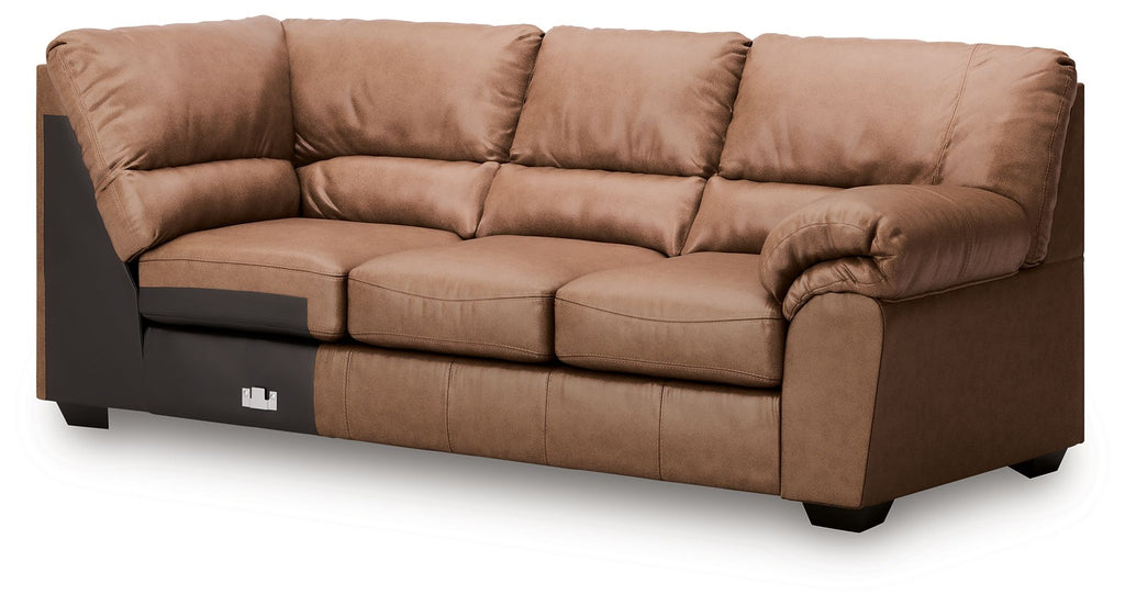 Caramel fabric RAF sofa with corner wedge, tufted cushions and square chaise end