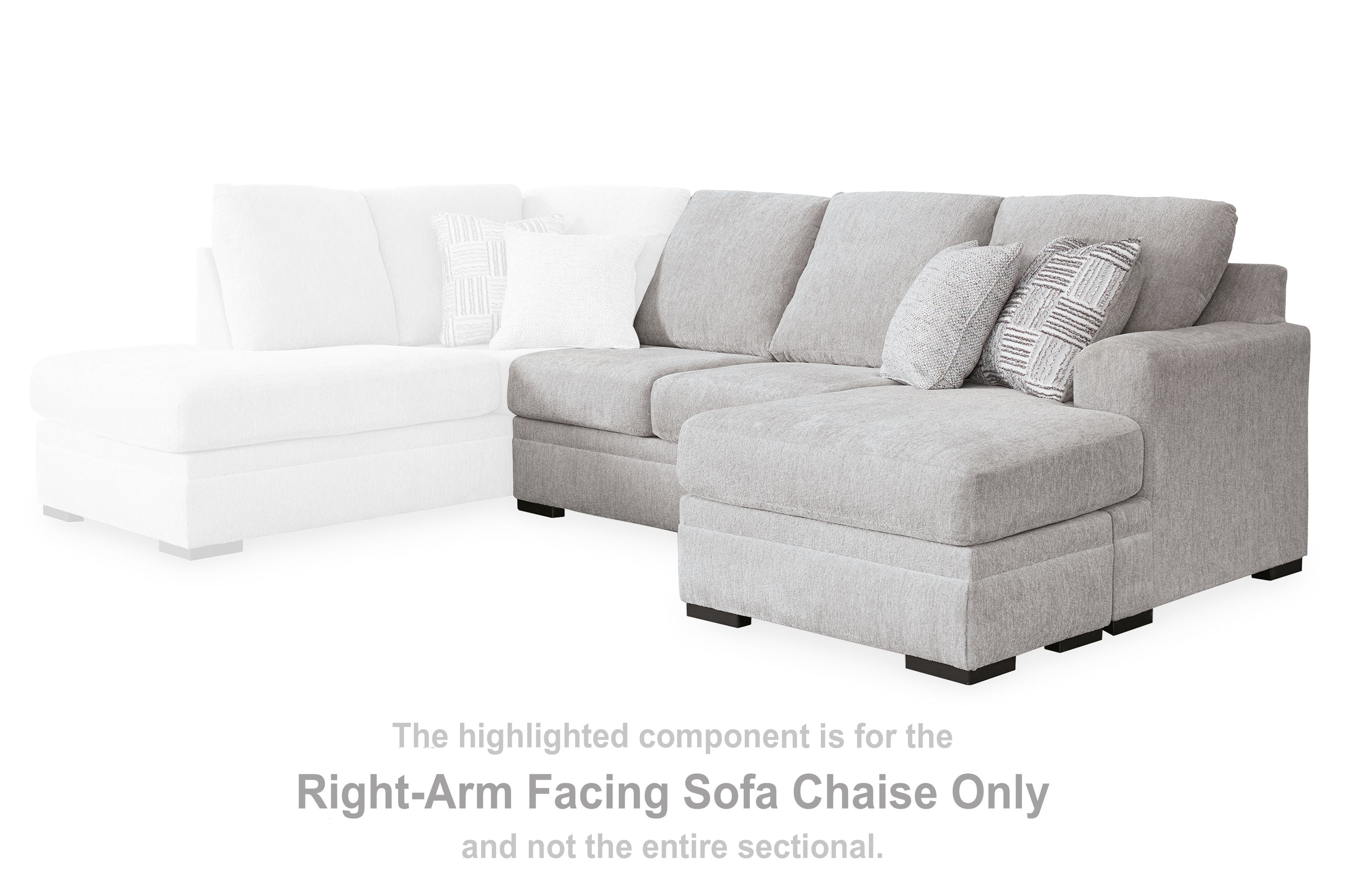Two-tone sectional sofa with white left seat and light gray right chaise, throw pillows
