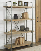 Multi-shelf bookcase with brown wood planks and gray metal posts; open center shelves