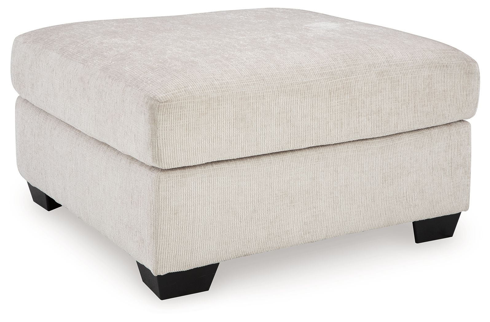Light gray-white upholstered ottoman with square lid and dark block legs.