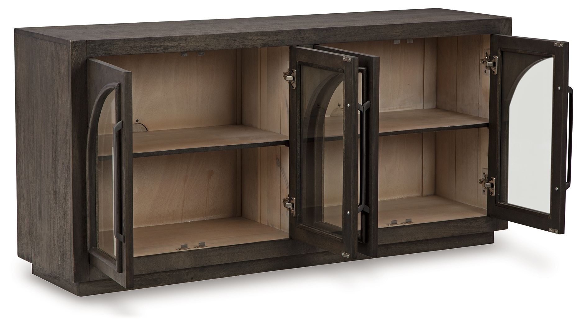 Grayish brown accent cabinet with hinged open doors and four interior shelves