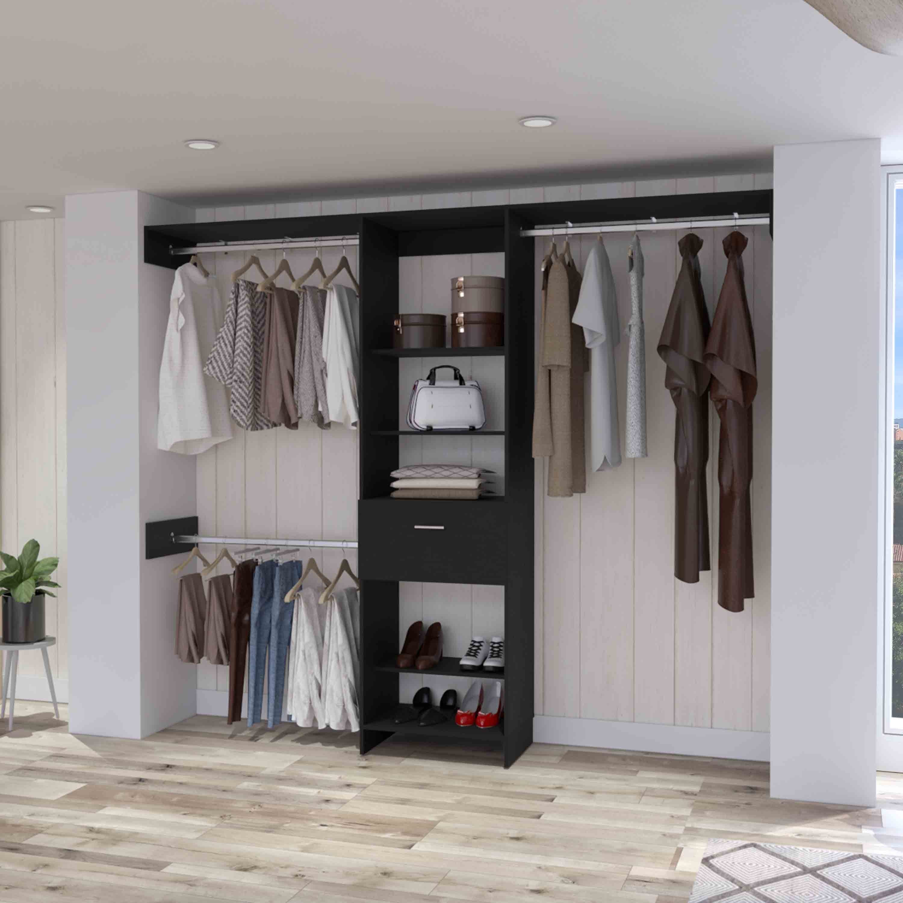 Cross Closet System: 1 Drawer, 3 Metal Rods, 5 Storage Shelves