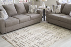 Pearl silver rug with rectangular stripe pattern in dark gray on light floor
