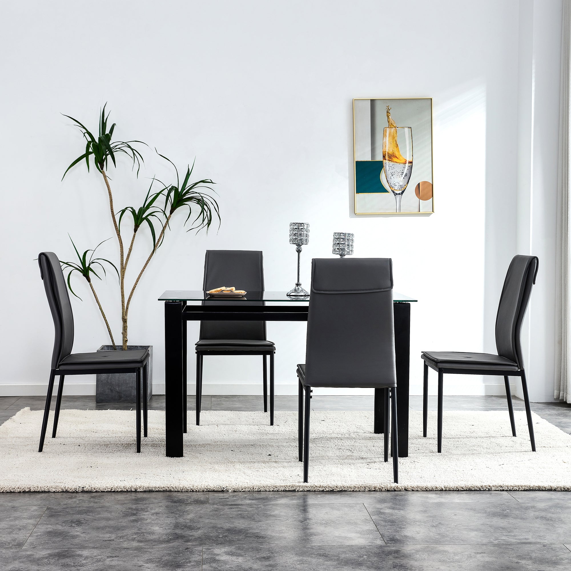 5 Pc Dining Set for 4, Tempered Glass Table & Chairs