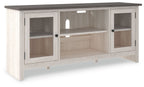 White TV stand with window-style cabinet doors, central open shelves, dark tabletop