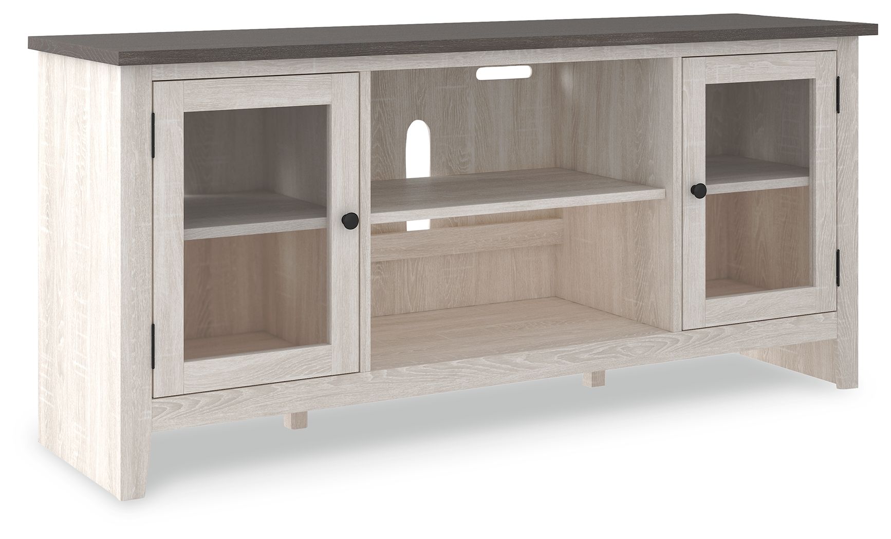 White TV stand with window-style cabinet doors, central open shelves, dark tabletop