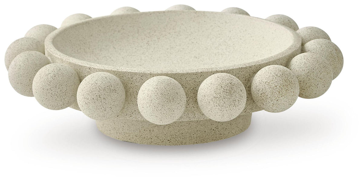 Beige stone-textured decorative bowl with pebble-like scalloped rim, top view