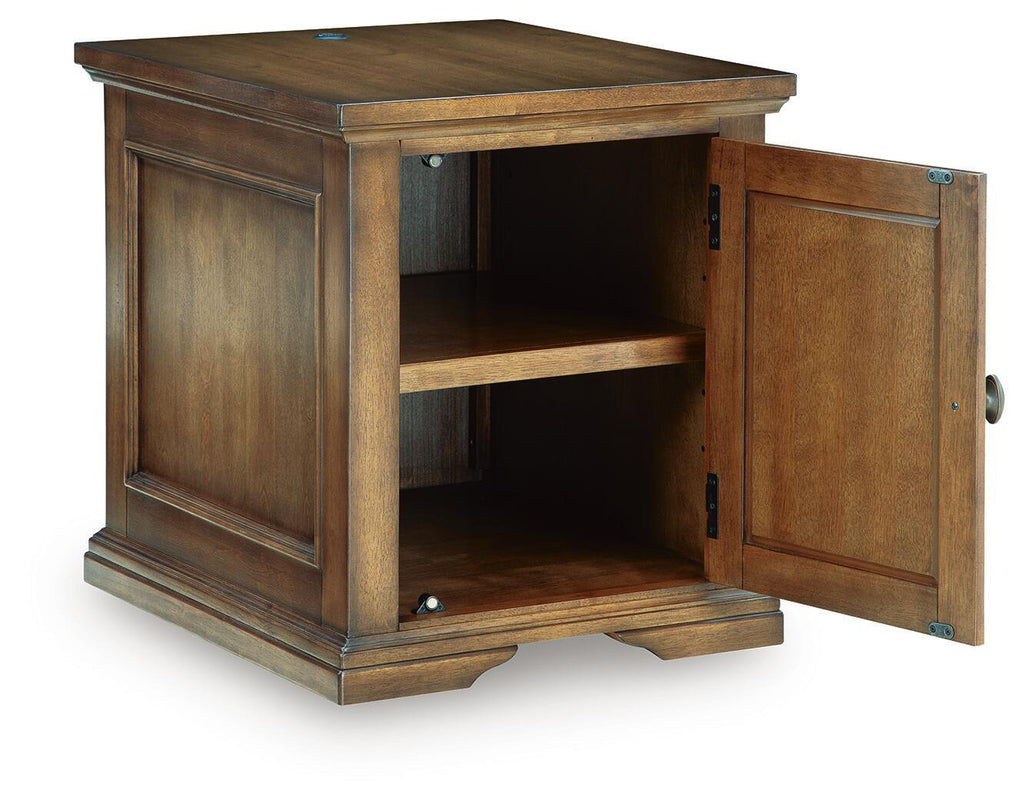 Dark brown wood table with open cabinet doors and two shelves