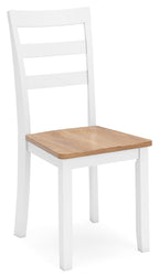 White dining chair with tall backrest and light wood seat