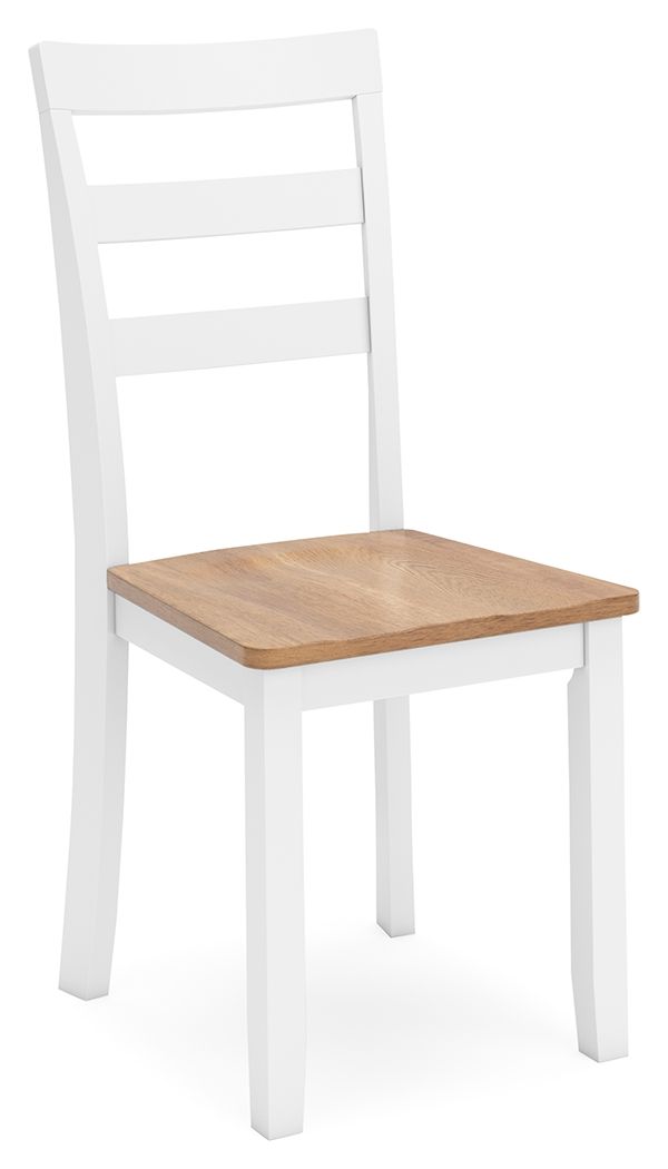 White dining chair with tall backrest and light wood seat