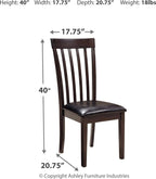 Dark brown slat-back dining chair with black padded seat; height and width shown